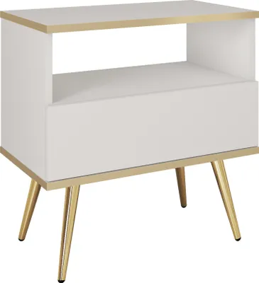 Image de Table de nuit avec tiroirs Rodi - Table de nuit 50 cm, chambre à coucher, accessoires dorés avec pieds - blanc + or