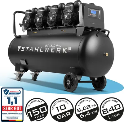 Produktbild von STAHLWERK Kompressor 150 L Tank - ölfrei & leise | 10 bar | 8,6 PS | 6,4 kW | 840 l/min | Druckluftkompressor mit Brushless-Motoren, Flüsterkompressor