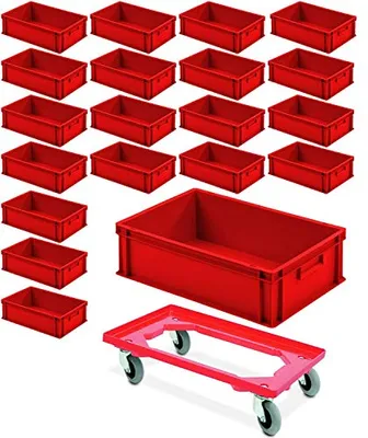 Produktbild von 20x Eurobehälter mit 2 Griffleisten, 600x400x175 mm, rot PLUS GRATIS Transportroller mit Flüsterrollen