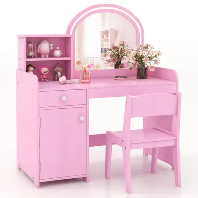 A pink children's vanity set with a mirror, drawers, cabinet, and a stool, displayed against a white background.