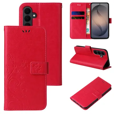 Produktbild von Handyhülle für Samsung Galaxy S26 FE Floral Blumen Schmetterling Flip Cover Hülle Case Klapphülle Handytasche Farbe: Rot