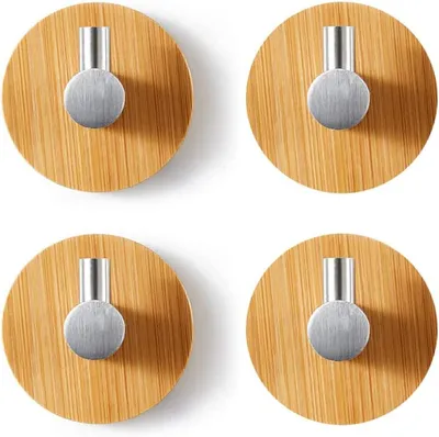 Produktbild von Bamboo Wandhaken 4 Stück, Edelstahl und Bambus, Selbstklebend, Kein Bohren nötig, für Badezimmer