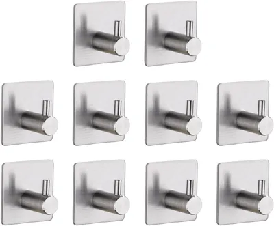 Produktbild von TECBULL® 10 massive Edelstahl Klebehaken - Gebürstet, Handtuchhaken fürs Bad selbstklebend, Handtuchhalter ohne Bohren, Hochwertige Wandhaken rostfrei
