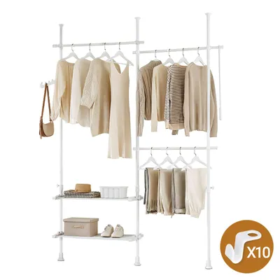 A white telescoping clothes rack with shelves, holding various clothing items and accessories.
