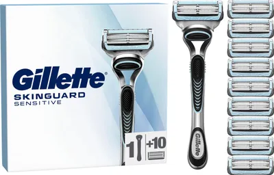 A Gillette Skinguard Sensitive razor and replacement blades are displayed on a white background.