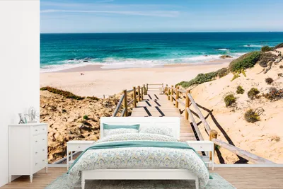 Produktbild von MuchoWow® Fototapete für Wohnzimmer oder Schlafzimmer Wandtapete Vinyl Motivtapete Strand - Treppe - Portugal - 525x350 cm - Das Hintergrundbild
