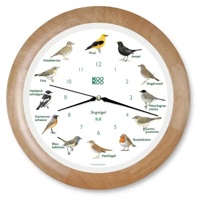 Singende Vogeluhr aus Holz, 34 cm, 12 Vogelstimmen, Funk-Quarzwerk