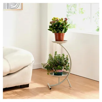Produktbild von Blumenständer Aalten Pflanzenständer in Halbmondform mit 2 Ablagen Metall 61,5x30x25cm Hellgrau