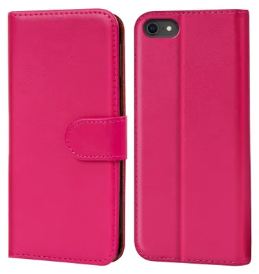 A pink flip case for an iPhone is shown open and closed.
