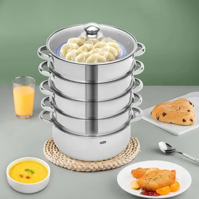 Image de Cuiseur vapeur en acier inoxydable, 5 niveaux, 28 cm