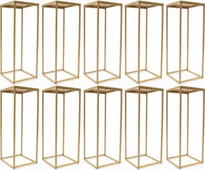 Ten gold metal stands arranged in two rows on a white background.