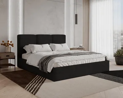Obrázek produktu pro Čalouněná postel BESILIO 140x200 Mira Bouclé – postel s úložným prostorem a dřevěným roštem, moderní postel s úložným prostorem do ložnice, bouclé látka – černá