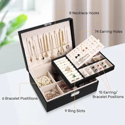 Image de Boîte à bijoux - Cuir véritable, 2 compartiments, protection pour bagues, boucles d'oreilles et colliers (rose)