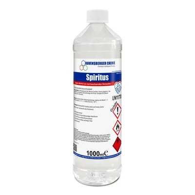 Produktbild von Ravensberger Chemie Spiritus Alkohol 1 L – vielseitiger Ethanol-Reiniger für Haushalt, Auto & Werkstatt, ideal als Brennspiritus & Frostschutz bis –30