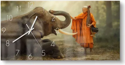 Produktbild von DEQORI Glasuhr 60x30 cm Zahlen 'Buddhist berührt Elefant' Wanduhr Glas Uhr Design leise