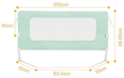 Produktbild von Bettgitter für Kinder Rausfallschutz - Bettgeländer 200 cm - Klappbar - Höhenverstellbar 66–80 cm - Trapezfüße - Befestigungsgurte - Metallrahmen - Mintgrün
