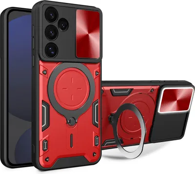 Produktbild von Handyhülle für Samsung Galaxy S24 FE Dual-Layer Stoßfest Rüstung Hülle mit Dia Kameraschutz und Kreisförmig Ring Ständer Rot