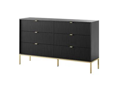 Zdjęcie produktu dla Komoda NOVUM, czarna, z metalową podstawą w kolorze złotym, wymiary: 154 × 91 × 39 cm – designerska komoda z 6 szufladami