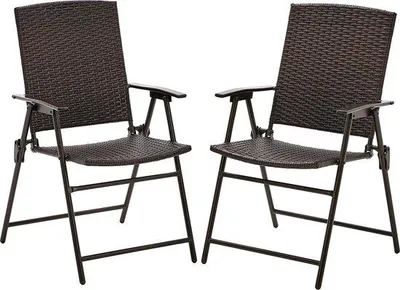Image de Deux chaises de jardin robustes, résistantes aux intempéries, à dossier haut, adaptées aux balcons et pliables, pouvant supporter jusqu'à 136 kg, couleur marron
