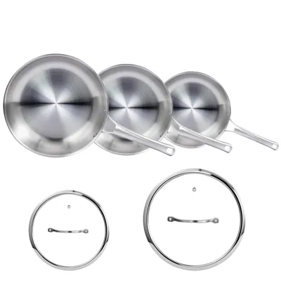 Obrázek produktu pro Sada hrnců a pánví, 5 kusů, z nerezové oceli, včetně poklic, skládající se z pánví o průměrech 20, 24 a 28 cm, třívrstvé nerezové nádobí, vhodné pro všechny typy sporáků