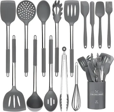 Produktbild von 15-teiliges Silikon-Küchenset, hitzebeständig mit Edelstahlgriffen, für Kochen und Backen, antihaftbeschichtet, Spatel, Küchenhelfer