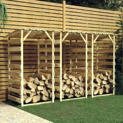 Productafbeelding van 3 stuks: Houtopslagrek voor buiten, rek voor het opslaan van brandhout, houten overkapping, houtopslag, houten rek, opslag voor hout voor de kachel, tuingebruik, opslag voor brandhout, pergola met dak, afmetingen 100x90x200 cm, gemaakt van grenenhout, geïmpregneerd
