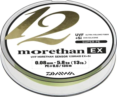 Zdjęcie produktu dla DAIWA MORETHAN 12 BRAID EX+SI, 300m, 0.08mm, 5.8kg / 12.79lbs, limonkowa, okrągła plecionka, 12695-308