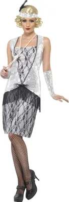 A woman wearing a 1920s flapper costume.