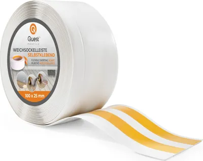 Produktbild von QUEST Weichsockelleiste Selbstklebend 100x25mm, 5m, Sockelleiste Knickleiste aus PVC Kunststoff, Flexible Fußleiste, weiß