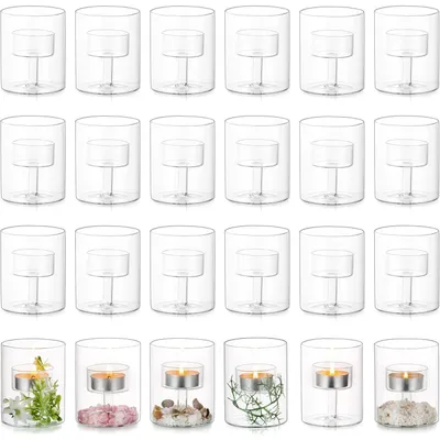 Productafbeelding van Theelichthouders van glas, cilindervormig, 24 stuks, vintage stijl, voor kaarsen en theelichtjes, 8x7 cm