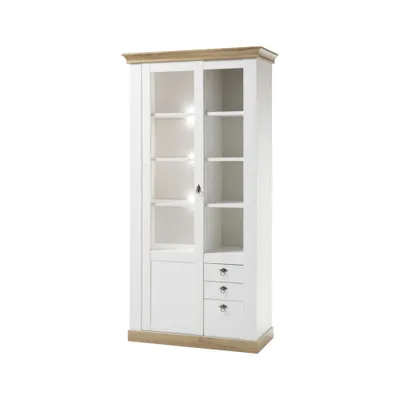 Produktbild von Landhaus Vitrinenschrank LINARES-61 in Pinie weiß / Wotan Eiche Nb. inkl. LED - B/H/T ca.: 102/204/44 cm