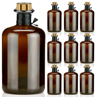 Immagine prodotto di Bottiglia marrone da 500 ml con tappo di sughero, capsule per bottiglie e nastro di carta, 9 bottiglie di vetro marrone da 0,5L vuote, con tappi di sughero, sigillo dorato e nastro nero