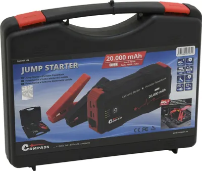 The image shows the packaging of a COMPASS Jump Starter and Powerbank.