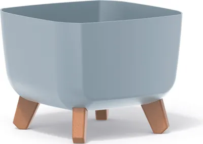 A light gray square planter with wooden legs on a white background.