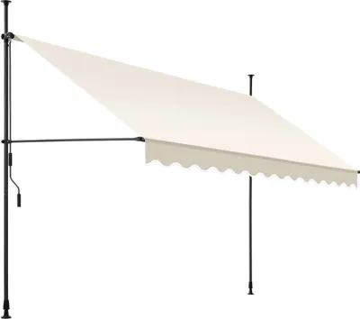 A cream-colored awning with a scalloped edge is extended from a black metal frame, supported by two vertical poles. A crank mechanism is visible on the left pole.