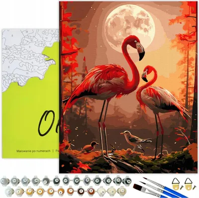 Produktbild von Malen nach Zahlen Erwachsene & Kinder Tiere Flamingo Mond 50x40 - 29 Acrylfarben, Leinwand mit Holzrahmen, 3 Pinseln und Zubehör Oh Art!