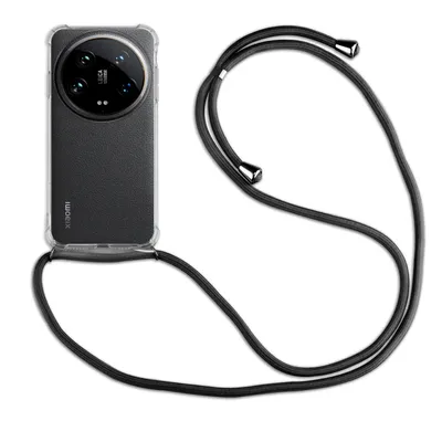 A smartphone with a clear case and a black lanyard is displayed against a white background.
