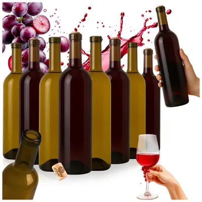Zdjęcie produktu dla SuperButelki - 40x Butelka szklana Bordeaux 750 ml z korkiem aglomerowanym, oliwkowe szkło, klasyczna na wino, nalewki, cydr, flaszka 0,75l oliwkowa