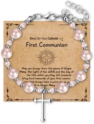 Imagen del producto de Pulsera religiosa con cruz, ajustable, con cuentas de rosario, ideal para la Primera Comunión