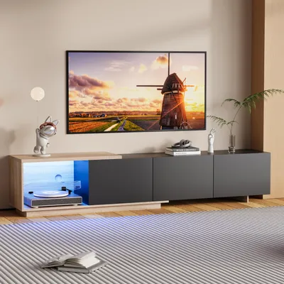 Immagine prodotto di Mobile TV estensibile 180 cm nero con LED a sensore, illuminazione tricolore, cassetti a rimbalzo, pannelli in legno marrone e nero, design moderno e pratico