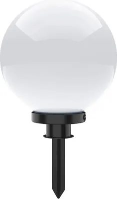 A white globe-shaped garden light with a black stake.