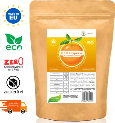 Produktbild von SANSEI Wackelpudding Götterspeise Orange 350g bis zu 50 Portionen - Öko-Verpackung, Zuckerfrei, Glutenfrei, ohne Fett, keine Kohlenhydrate,