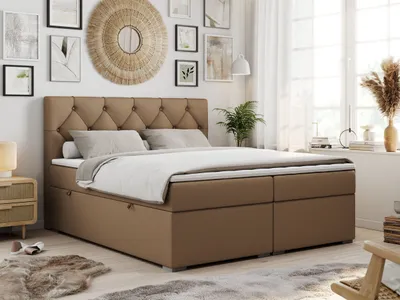 Produktbild von Boxspringbett 140x200 mit Bettkasten, Boxspringbett 140x200 mit Matratze, Doppelbett mit Matratze und Topper - Polsterbett mit Kopfteil - Stauraumbett - ALDA - 140x200 - Braun - Kunstleder - H4