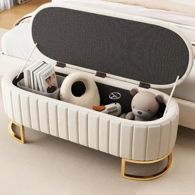Produktbild von Sitzbank mit Stauraum 120x39.9x43cm, gepolsterte Fußbank aus Samt in Beige mit verstecktem Staufach und Metallbeinen für Wohnbereich