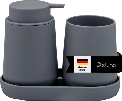 Immagine prodotto di Set di accessori da bagno eluno TESERO, 3 pezzi (prodotto di seconda scelta), composto da 1 dispenser per sapone, 1 bicchiere e 1 vaschetta, in plastica grigia