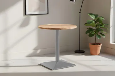 Produktbild von Bistrotisch rund 70 x 70 cm Akazienholz natur massiv Säulengestell-eckig silber EMILIO
