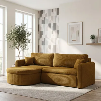 Produktbild von Ecksofa in L-Form mit Schlaffunktion & Stauraum – Universell Montiebar Rechts/Links 4-Sitzer Schlafsofa inkl. 2 Dekokissen und Rückenkissen 250 x 160 x 83 cm – Senfgelb Cord Chenille