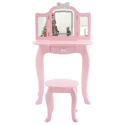 A pink children's vanity table and stool.