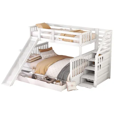 Produktbild von Etagenbett,90 x 200 über 140 x 200,kinderbett(weiß)mit Schubladen, Stauraum und Rutsche,multifunktional