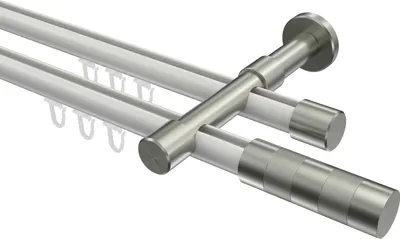 Produktbild von Interdeco Innenlaufstange / Gardinenstange mit Innenlauf Weiß / Edelstahl-Optik, Typ Prestige Mavell (Zylinder Bicolor), 20 mm Ø 2-läufig, 140 cm